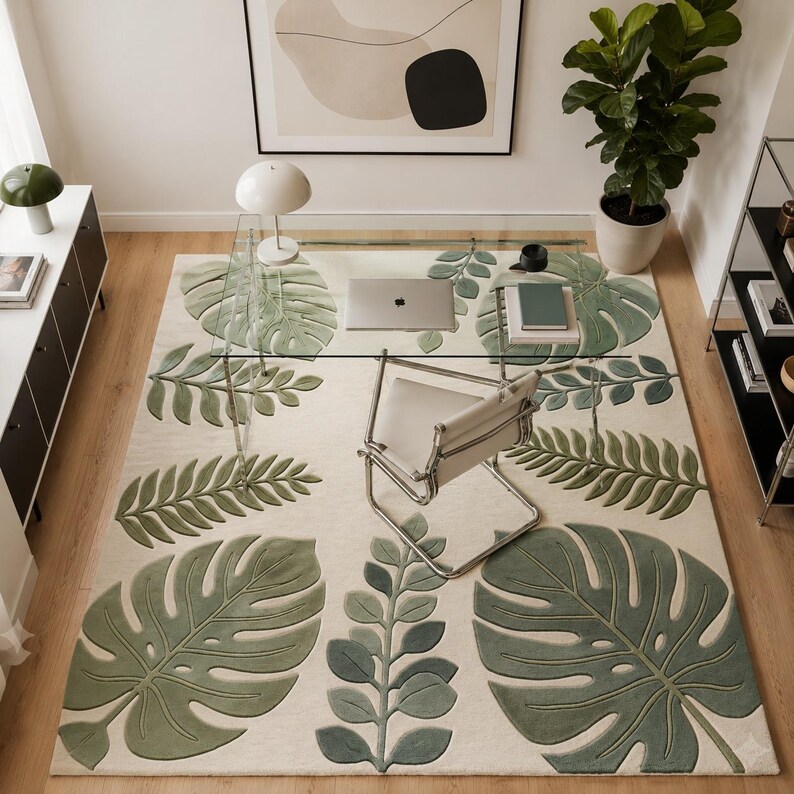 Tropical Patterns. Rectangular Hand Tufted Sage Green Botanical Rug, Tropical Leaf Carpet, Modern ...