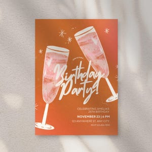 Faire-part d'anniversaire modifiable | Thème champagne rose orange | Modèle de toile | Invitation de fête imprimable | Téléchargement instantané
