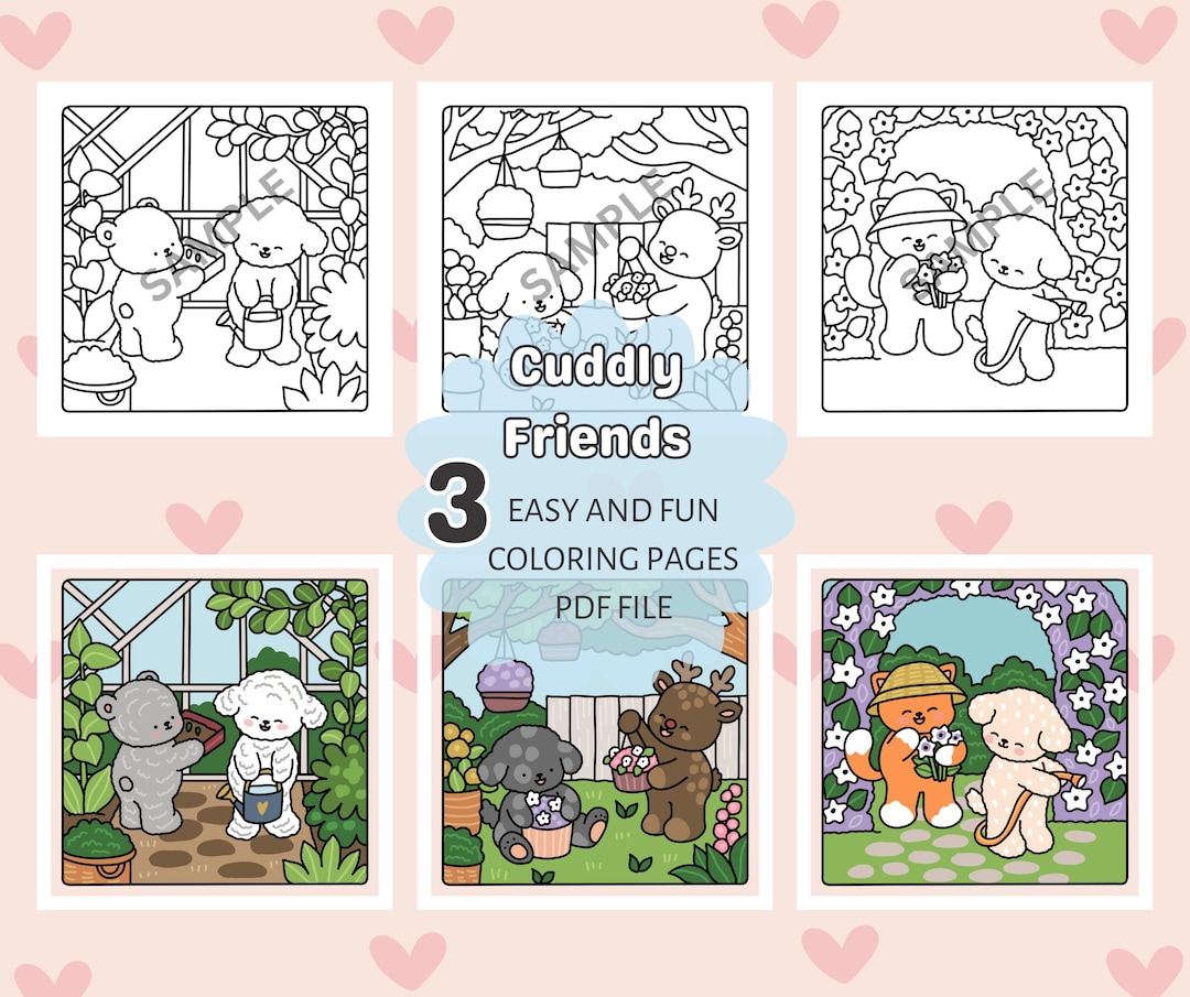 Cuddly Friends Coloring Pages: Set of 3 Printable Illustrations (PDF ...