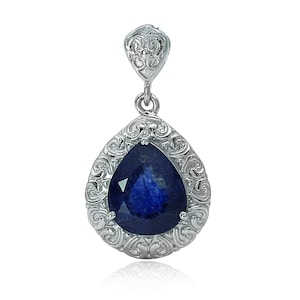 Natural Blue Sapphire Pear Shape And Zircon Birth Gemstone 925 Sterling Silver Pendant for Women Unique Gift For Mom