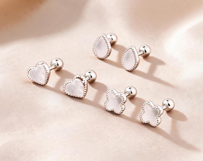 Minimalist S999 Silver Stud Earrings Set with Heart, Teardrop, Clover Shapes, Beaded Edge, Daily Jewelry Gift for Daughter or Bestie.