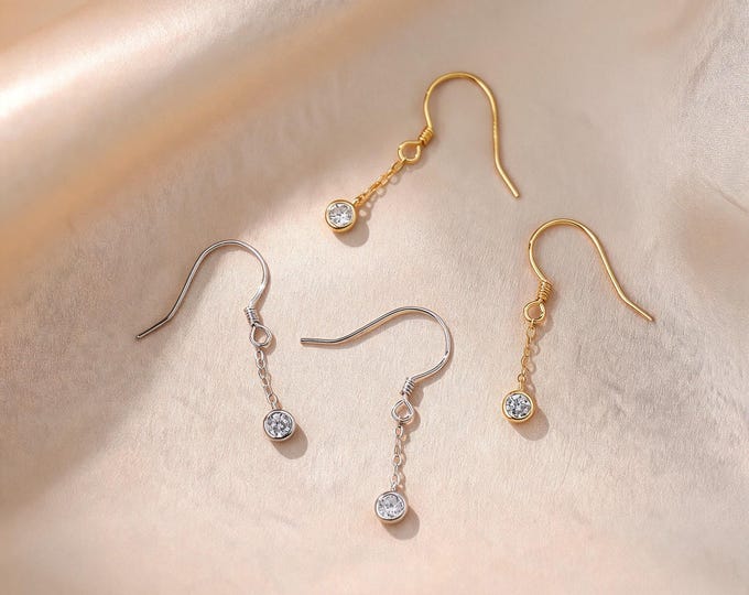 Charming S925 Sterling Silver Chain Drop Earrings with Sparkling CZ Stone, Gold Silver Options, Sweet Everyday Jewelry Gift for Her
