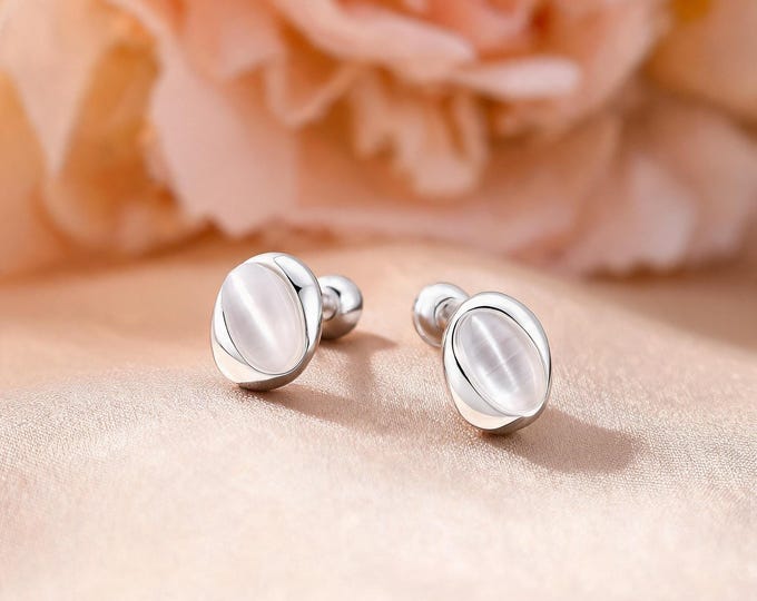 Elegant S999 Sterling Silver Cat Eye Stud Earrings, Trendy Self Care Jewelry for You or A Sweet Birthday Gift for Your Bestie Choice.