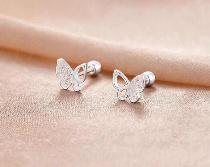 S999 Sterling Silver Asymmetric Hollow Butterfly Stud Earrings with Micro Pave CZ, Sweet Jewelry Gift for Daughter or Girlfriend.