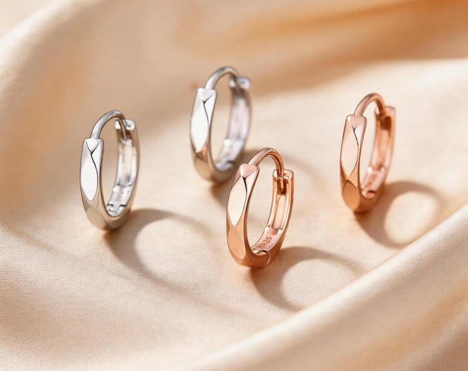 Elegant S925 Sterling Silver Geometric Facet Huggie Hoop Earrings, Minimalist Daily Jewelry, Gift for Girlfriend or Fiancee