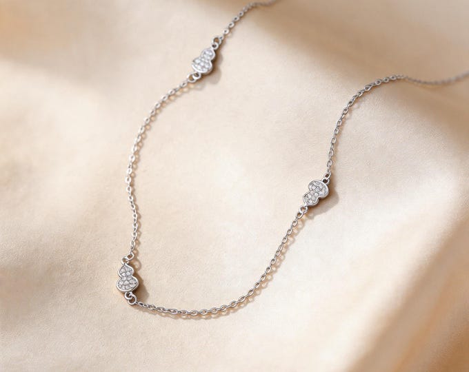S925 Fine Silver Gourd Station Necklace, Micro-set Zirconia Lucky Charm Chain, Dainty Adjustable Jewelry Gift for Her Women