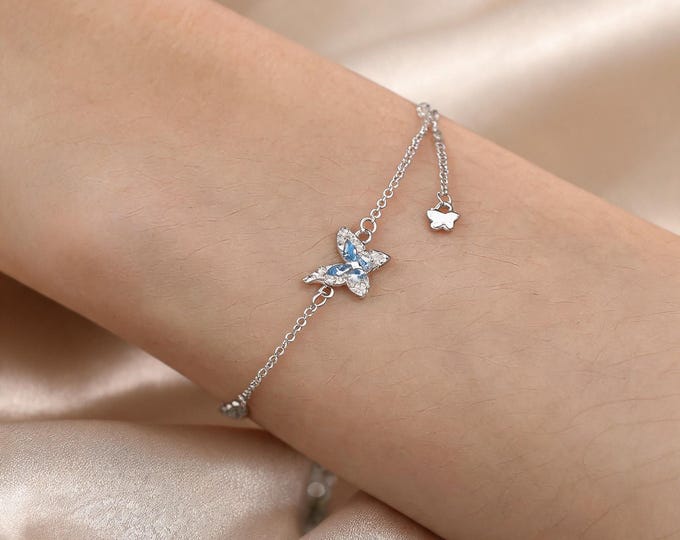 S999 Silver Butterfly Bracelet with Sparkling Zirconia, Dainty Adjustable Chain Tassel Jewelry Gift for Wife Girlfriend