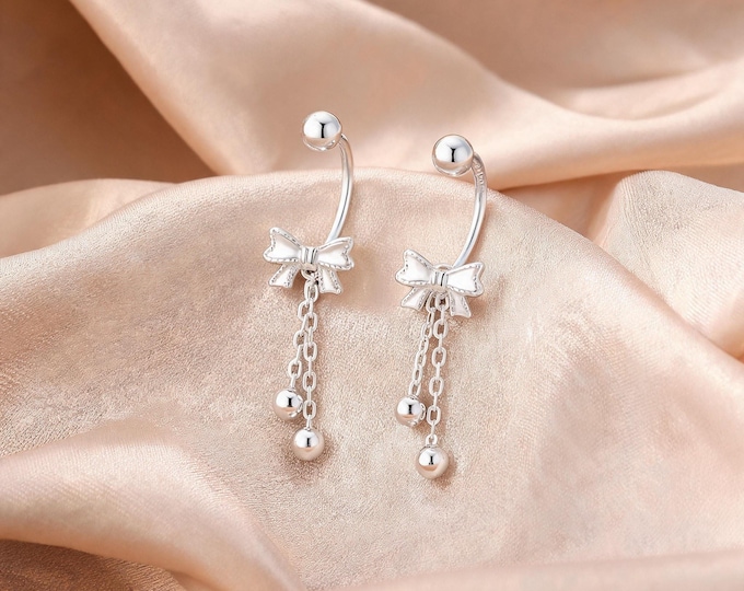 Charming S999 Sterling Silver Bow Tassel Dangle Stud Earrings with Bead Top Detail, Sweet Fashion Jewelry Gift for Daughter or Girlfriend.