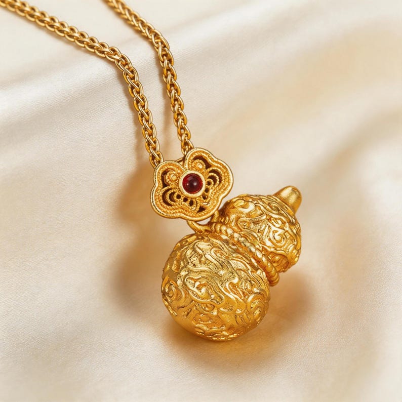 May include: A gold-colored necklace featuring a gourd-shaped pendant with intricate detailing. The pendant is connected to a decorative floral element with a red gemstone center. The chain is a woven style, and the overall design is ornate.