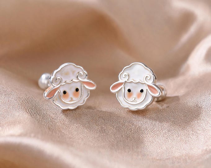 Cute Enamel S999 Sterling Silver Sheep Stud Earrings, Sweet Jewelry for Little Girls, Perfect Birthday Gift for Daughter or Beloved Niece.