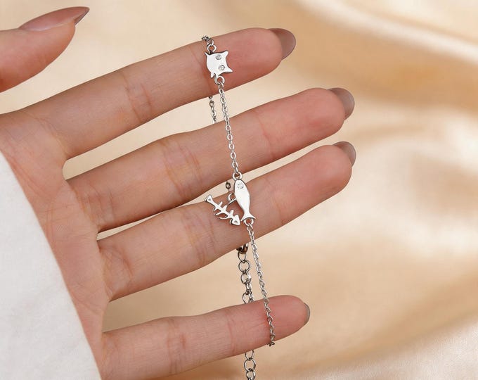 S999 Fine Silver Cat Fish Charm Bracelet - Dainty Minimalist Adjustable Chain for Women, Pure Silver Animal Jewelry, Birthday Gift for Her