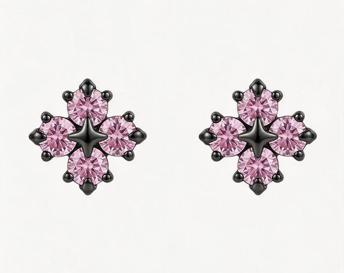 Dainty 925 Sterling Silver Starburst Stud Earrings, Pink CZ Black Tone Minimalist Studs, Edgy Daily Fine Jewelry, Gift for BFF & Self