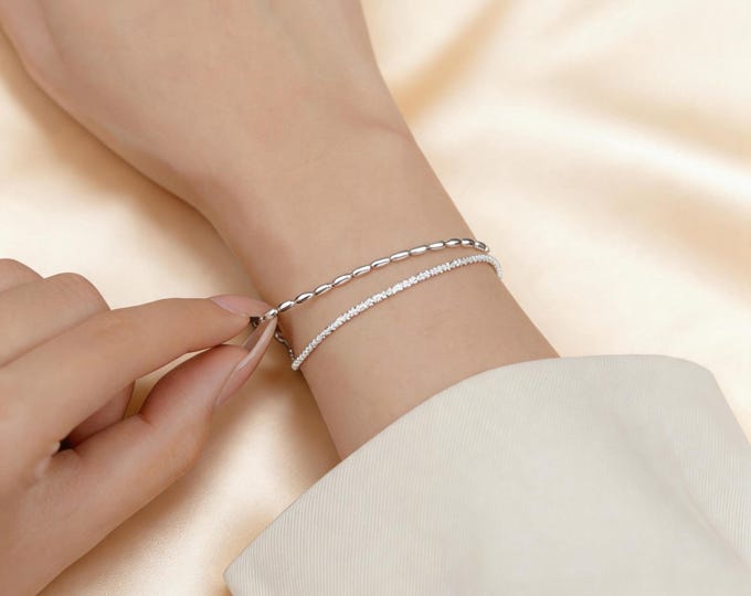 S925 Sterling Silver Double Layer Bracelet - Dainty Rice & Sparkly Sand Bead Layered Bracelet for Women, Minimalist Silver Jewelry Gift