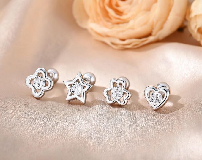 Minimalist S999 Silver 4-Pair Hollow Stud Earrings Set, Cabochon CZ, A Sweet Self Care Jewelry for You or Gift for Your Best Friend.