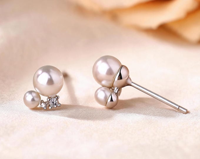 Solid 925 Sterling Silver Pearl Studs, Double Faux Pearl with CZ Detail Minimalist Earrings, Sweet Daily Jewelry, Gift for BFF
