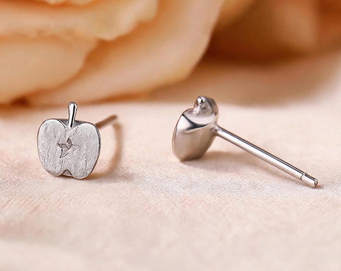 Dainty 925 Sterling Silver Apple Slice Stud Earrings, Brushed Texture Star Detail Minimalist Tiny Ear Jewelry,Perfect Gift for Bestie & Self