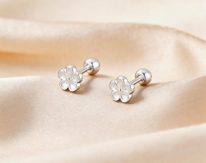 S999 Solid Sterling Silver Minimalist Tiny Floral Screw Back Stud Earrings, Sweet Anniversary Birthday Jewelry Gift for Daughter or Wife.