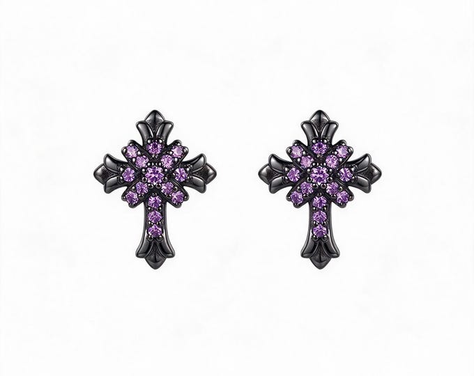 Edgy Purple Pave Cross Studs, 925 Sterling Silver Black Plated Gothic Design, Daily Wear Jewelry, Gift for Bestie