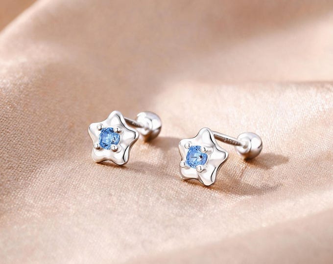 Elegant S999 Silver Star Stud Earrings with Blue CZ Stone, Sweet Birthday Jewelry Gift for Your Cute Daughter or Girlfriend Today.