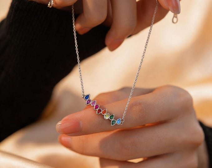 Solid S925 Sterling Silver 14K Gold Plated Micro-Pave 10-Rainbow Zircon Bracelet, 22cm Adjustable O-Chain, Nickel-Free Dainty Gift for Her