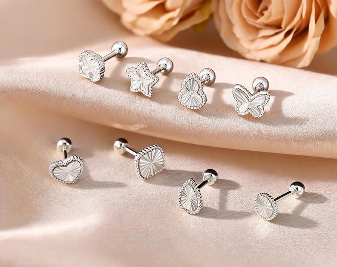 Adorable S999 Silver 7-Day Earring Set with Star, Heart, Butterfly Shapes, Textured Finish, Minimalist Screw Back Studs for Daily Wear.