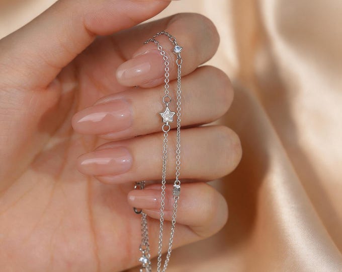 S999 Fine Silver Double Layer Star Bracelet, Micro Pave CZ Celestial Charm Chain, Minimalist Stacking Jewelry for Women, Anniversary Gift