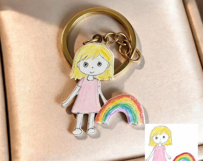 Custom Child Art Girl with Rainbow Necklace, Stainless Steel Charm Keychain Fridge Magnet, Personalized Keepsake Gift for Grandma and Mom