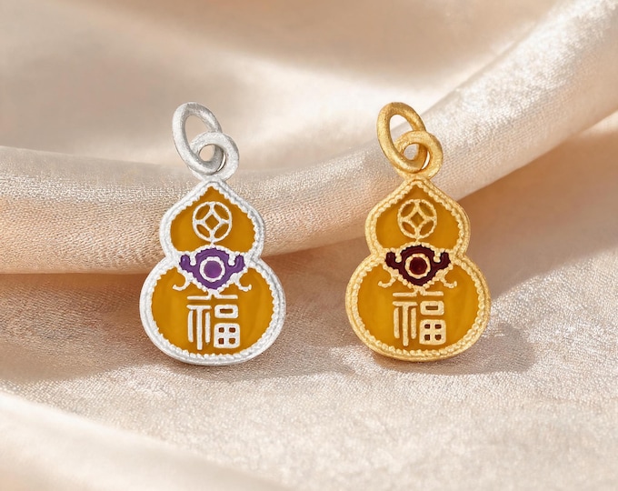 S999 Sterling Silver Gourd Fu Charm Pendant with Yellow Enamel for DIY Necklace Bracelet Earring Jewelry Making Supplies and Findings