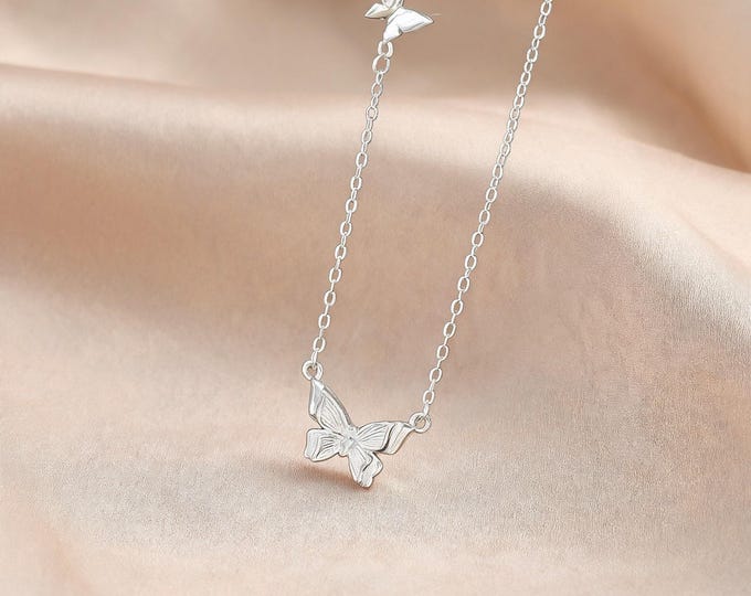 S925 Fine Silver Minimalist Butterfly Pendant Necklace, Dainty Adjustable 40cm+5cm Chain, Elegant Silver Charm Gift for Her Women