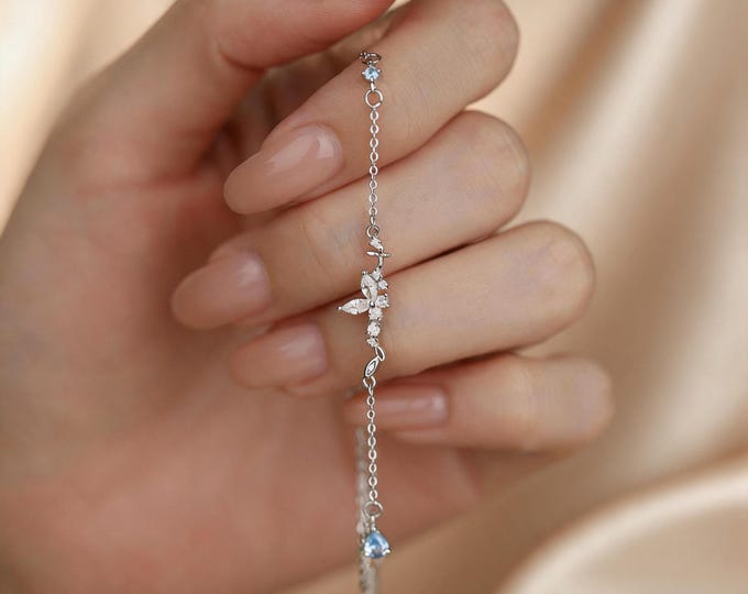 S999 Fine Silver Butterfly Bracelet - Dainty Micro Pave Zircon & Natural Crystal Shimmering Chain for Women, Adjustable Romantic Jewelry