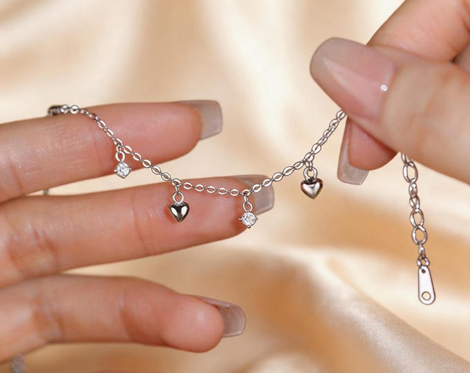 S925 Sterling Silver Shimmering Heart Bracelet - Delicate Micro Pave Zircon, Dainty Adjustable Bracelet, Minimalist Birthday Gift