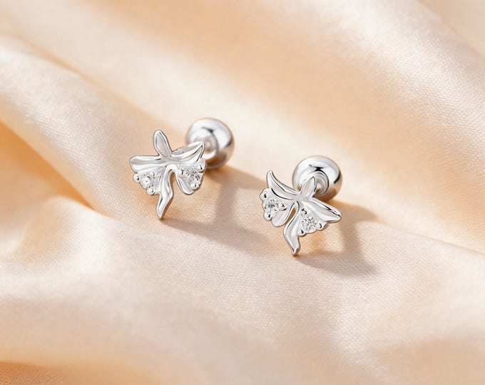 S999 Solid Silver Tiny Minimalist Floral Screw Back Stud Earrings with Sparkling CZ Accents, Sentimental Anniversary Gift for Wife.