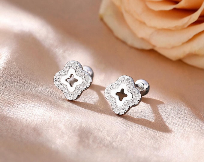 S999 Sterling Silver Pave Flower Stud Earrings with Hollow Star Center, Retro Minimalist Jewelry Gift for Women Daily Wear and Style