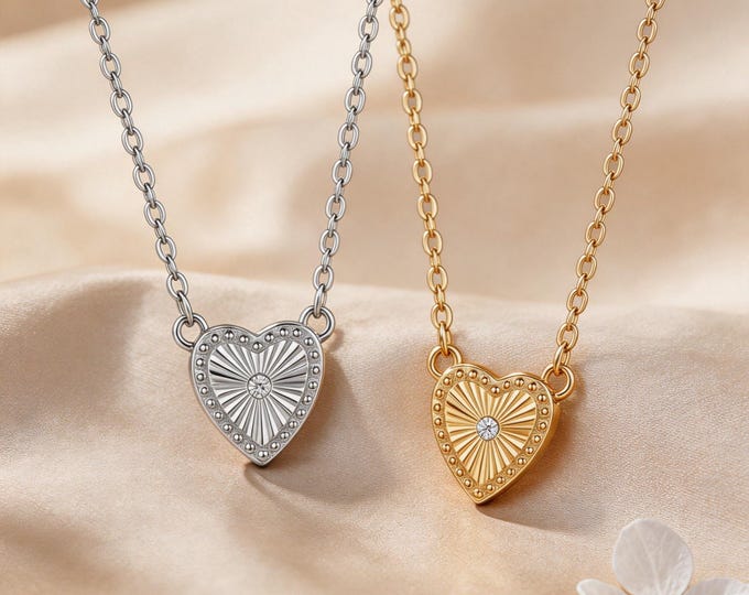 S925 Fine Silver Beaded Heart Pendant Necklace, Single Zirconia Sunray Charm, Adjustable Chain in Silver or Gold Finish for Her