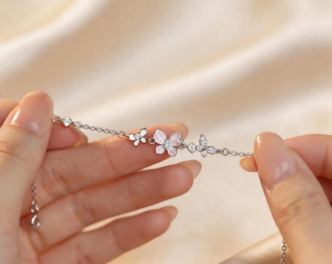 S925 Sterling Silver Colorful Butterfly Enamel Bracelet, Dainty Micro Pave Zircon Animal Jewelry, Adjustable Spring Birthday Gift for Her