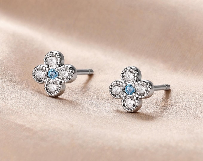 Charming Minimalist S925 Sterling Silver Flower Stud Earrings with Sparkling Blue CZ Center, Sweet Everyday Jewelry Gift for Her.