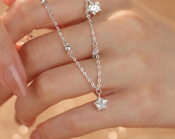 S999 Fine Silver Micro Pave Star Bracelet - Dainty Minimalist Celestial Chain for Women, Shimmering Silver Jewelry, Adjustable Gift for Her