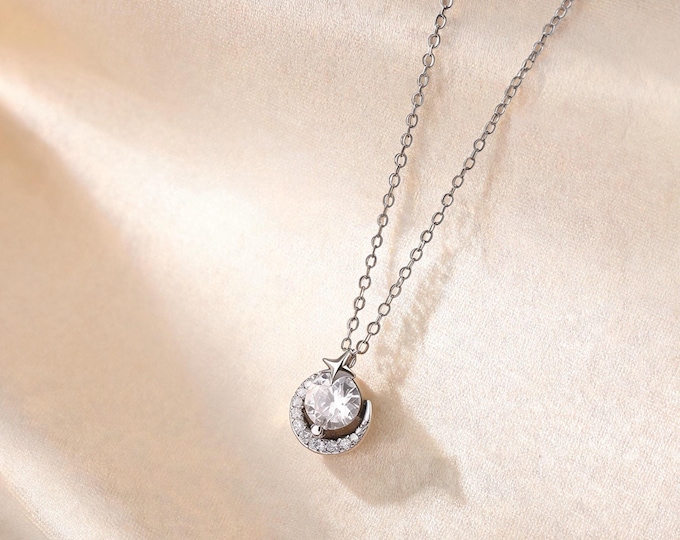 S925 Fine Silver Moissanite Star and Moon Necklace, Celestial Round Cut Pendant, Dainty Adjustable Chain Gift for Her Women