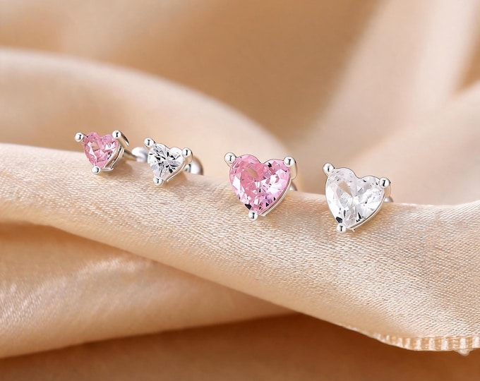 S999 Sterling Silver Tiny Heart Screw Back Stud Earrings with White & Pink Cubic Zirconia, Romantic Anniversary Gift for Girlfriend or Wife.