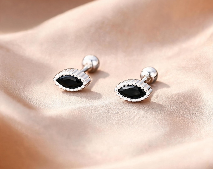 Charming Minimalist S999 Silver Black Diamond Shape CZ Stud Earrings with Secure Screw Back, A Sweet Jewelry Gift for Her Daily Wear.