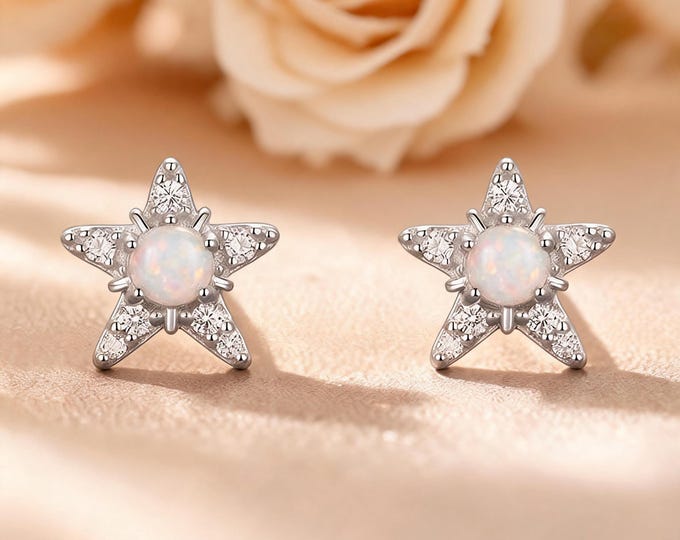 Minimalist Celestial Star Stud Earrings, Solid 925 Sterling Silver Opal Center, Dainty Daily Wear Jewelry, Gift for BFF & Self