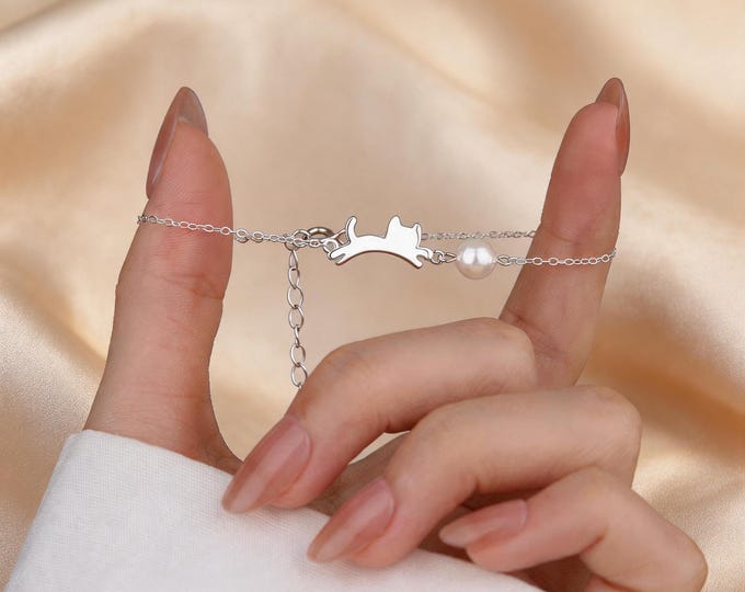 S925 Sterling Silver Cat Pearl Bracelet - Dainty Minimalist Adjustable Chain for Women, Sparkly Animal Jewelry, Gift for Cat Lovers