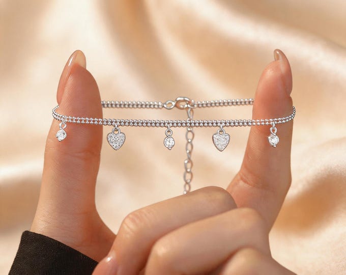 S925 Sterling Silver Heart Bracelet, Dainty Micro Pave Zircon Heart Charm, Minimalist Love Jewelry for Women, Adjustable Anniversary Gift