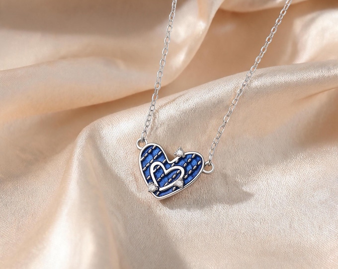 S925 Sterling Silver Blue Enamel Double Heart Necklace, Dainty Minimalist Zirconia Pendant Adjustable Chain Gift for Her