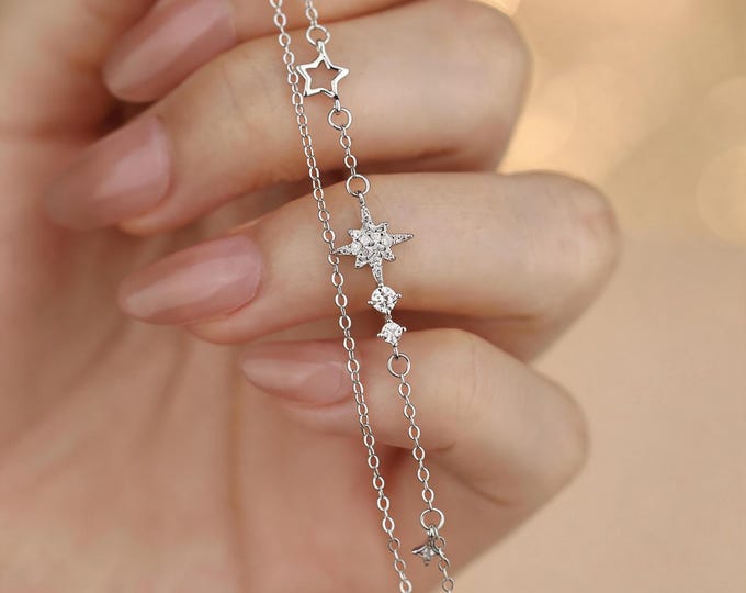 Dainty S925 Silver Double Layer Star Bracelet with Micro-set Zirconia, Minimalist Celestial Jewelry, Anniversary Birthday Gift for Her