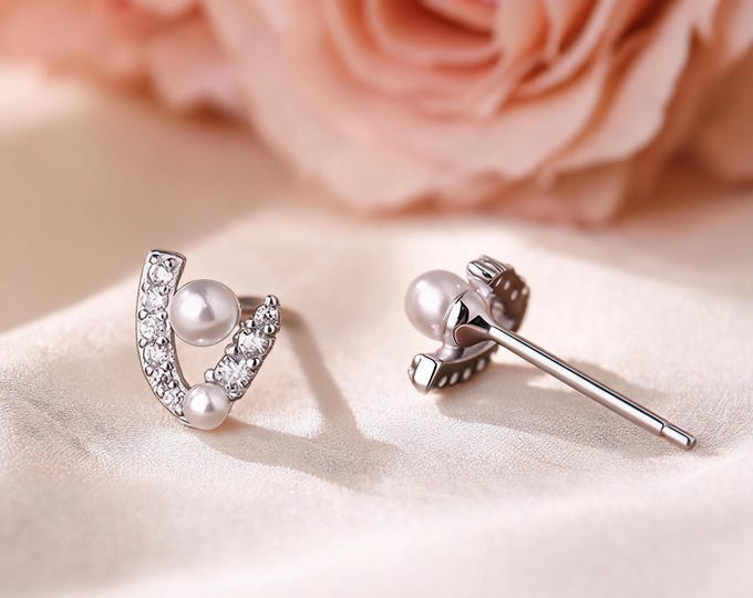 Dainty 925 Sterling Silver V Shape Stud Earrings, Paved CZ Faux Pearl Minimalist Earrings, Elegant Daily Jewelry, Gift for BFF & Self