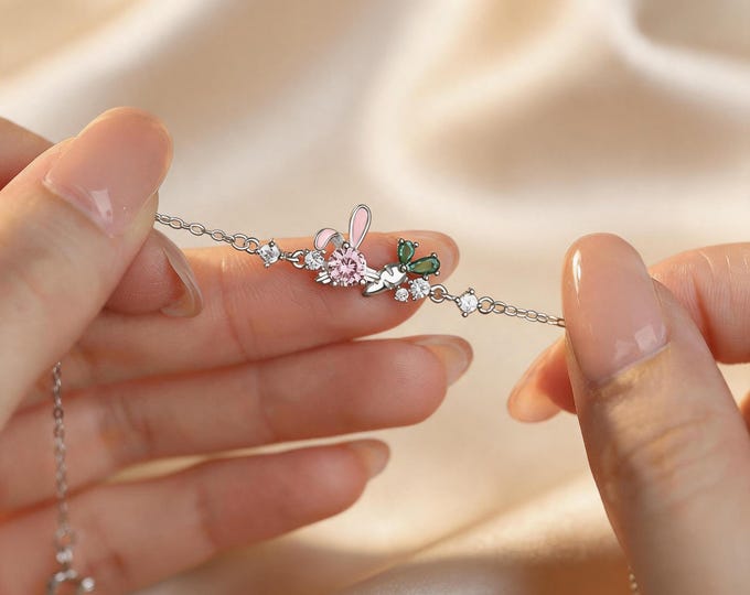 S925 Sterling Silver Bunny Carrot Bracelet, Colorful CZ Animal Charm Jewelry, Cute Easter Gift for Her, Adjustable Dainty Rabbit Link Chain