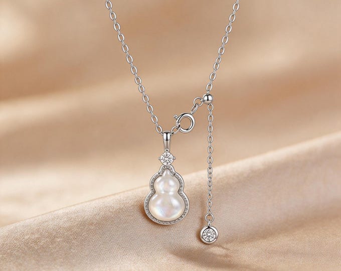 S925 Fine Silver Gourd Necklace, Bezel Set Mother of Pearl with Zirconia Halo, Adjustable Chain Jewelry Gift for Her Women
