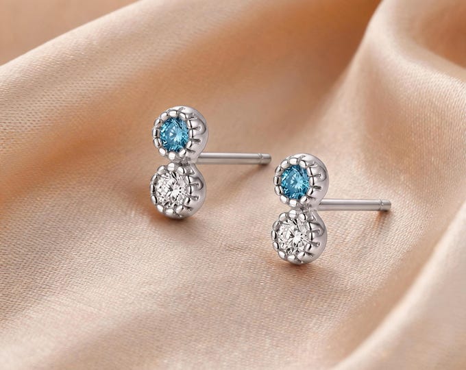 Solid S999 Sterling Silver Blue White Double CZ Stud Earrings, Dainty Minimalist Jewelry for Bridesmaids or Birthday Gift for Best Friend.