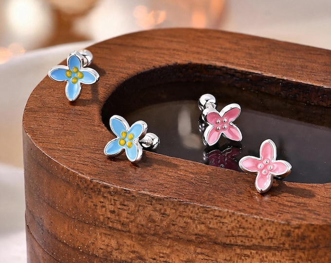 999 Fine Silver Enamel Flower Screw Back Studs, Dainty Four Leaf Clover Earrings, 2 Color Options, Daily Wear Jewelry, Gift for BFF & Self